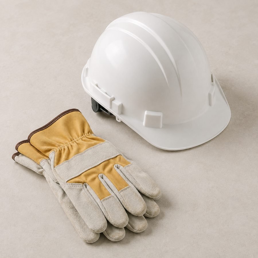 Casque de chantier et gants de protection