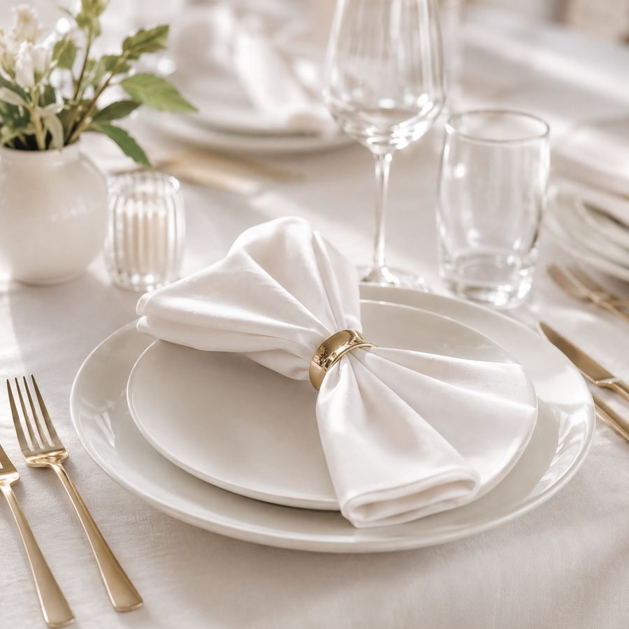 Table dressée avec assiette, verre et serviette